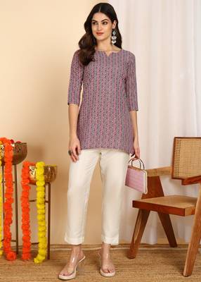 Gray color cotton blend printed short kurti for women 1