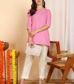 Pink color cotton blend printed short kurti for women