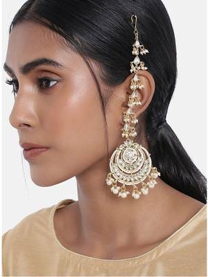 traditional kundan & pearl earrings with hair chain for women  1