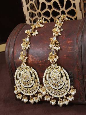 traditional kundan & pearl earrings with hair chain for women  2