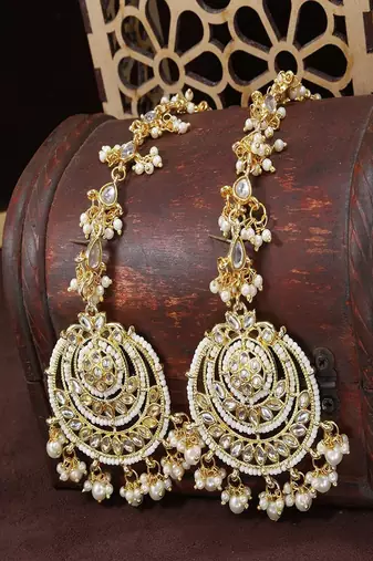 traditional kundan & pearl earrings with hair chain for women 