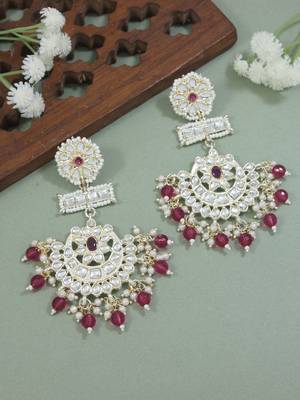 traditional chandbali earrings glided with kundans & pearls for women  1