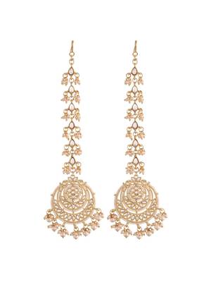 traditional kundan & pearl earrings with hair chain for women  3