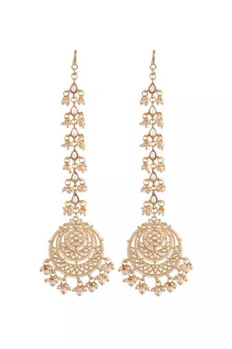 traditional kundan & pearl earrings with hair chain for women 