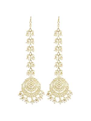 traditional kundan & pearl earrings with hair chain for women  4