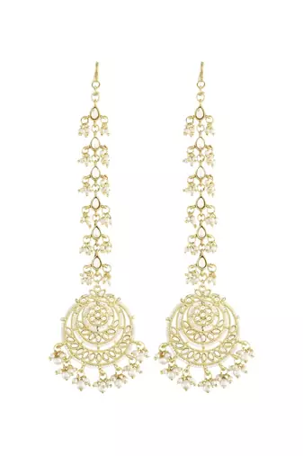 traditional kundan & pearl earrings with hair chain for women 