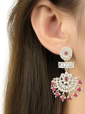 traditional chandbali earrings glided with kundans & pearls for women  5
