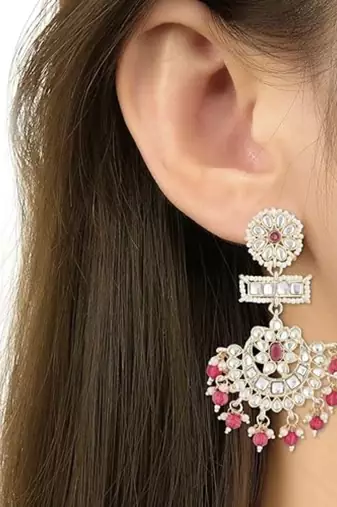 traditional chandbali earrings glided with kundans & pearls for women 