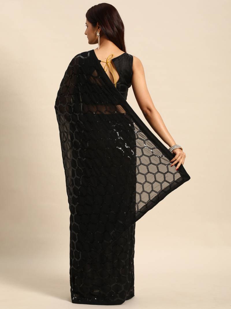 Honeycomb Sequins Work Georgette Fabric Bollywood Style Saree