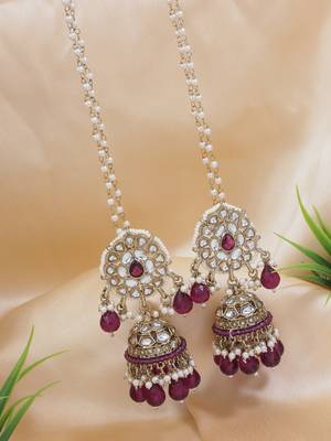 traditional kundan pearl jhumka earrings with attachable ear chain for women  1