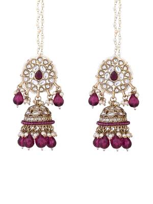 traditional kundan pearl jhumka earrings with attachable ear chain for women  2
