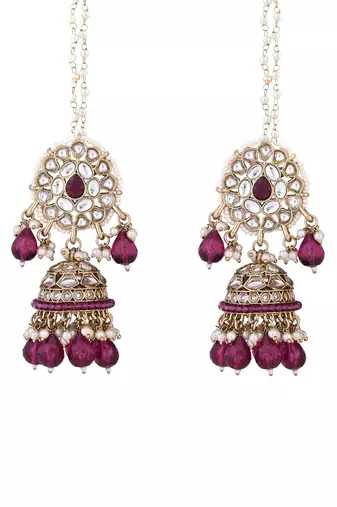 traditional kundan pearl jhumka earrings with attachable ear chain for women 