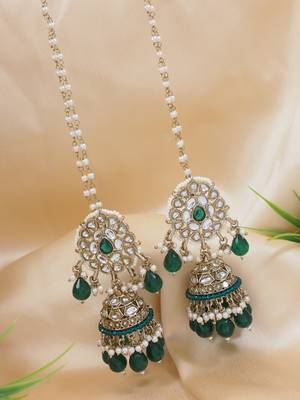 traditional kundan pearl jhumka earrings with attachable ear chain for women  1