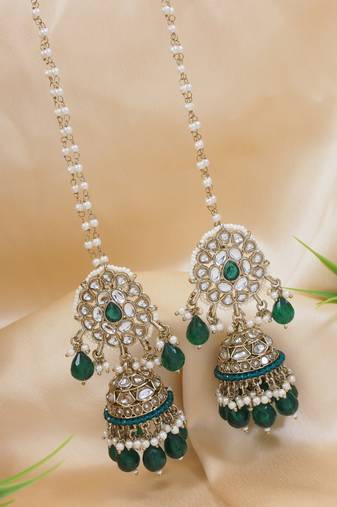 traditional kundan pearl jhumka earrings with attachable ear chain for women 