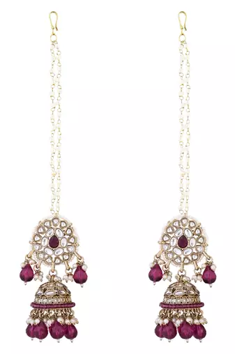 traditional kundan pearl jhumka earrings with attachable ear chain for women 