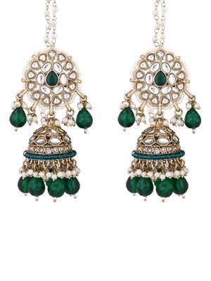 traditional kundan pearl jhumka earrings with attachable ear chain for women  2