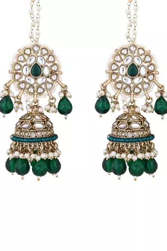 traditional kundan pearl jhumka earrings with attachable ear chain for women 
