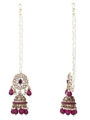 traditional kundan pearl jhumka earrings with attachable ear chain for women  4