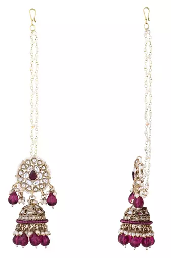 traditional kundan pearl jhumka earrings with attachable ear chain for women 