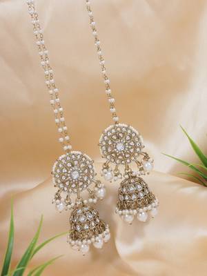 traditional kundan pearl jhumka earrings with attachable ear chain for women  1