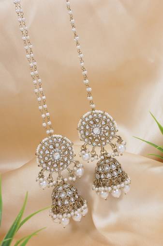 traditional kundan pearl jhumka earrings with attachable ear chain for women 