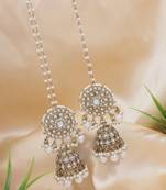 traditional kundan pearl jhumka earrings with attachable ear chain for women 