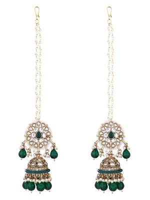 traditional kundan pearl jhumka earrings with attachable ear chain for women  3