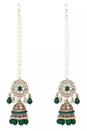 traditional kundan pearl jhumka earrings with attachable ear chain for women 