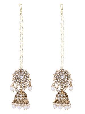 traditional kundan pearl jhumka earrings with attachable ear chain for women  2
