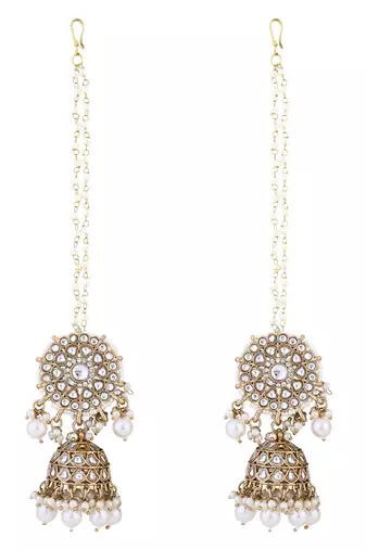 traditional kundan pearl jhumka earrings with attachable ear chain for women 