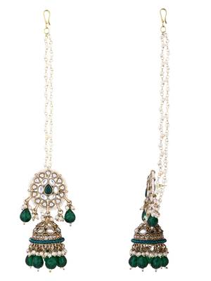 traditional kundan pearl jhumka earrings with attachable ear chain for women  4