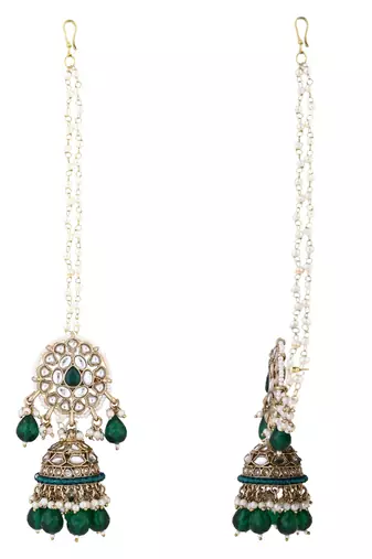 traditional kundan pearl jhumka earrings with attachable ear chain for women 
