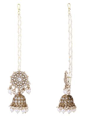 traditional kundan pearl jhumka earrings with attachable ear chain for women  3