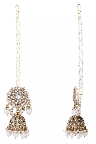 traditional kundan pearl jhumka earrings with attachable ear chain for women 