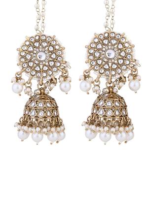 traditional kundan pearl jhumka earrings with attachable ear chain for women  4