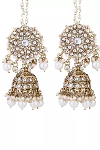 traditional kundan pearl jhumka earrings with attachable ear chain for women 