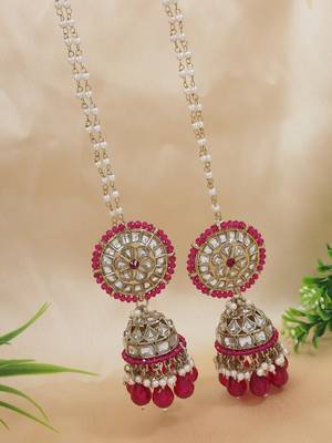 traditional kundan pearl jhumka earrings with attachable ear chain for women  1