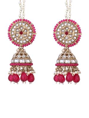 traditional kundan pearl jhumka earrings with attachable ear chain for women  2