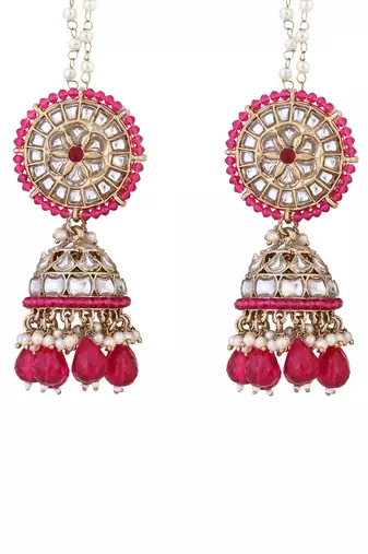 traditional kundan pearl jhumka earrings with attachable ear chain for women 
