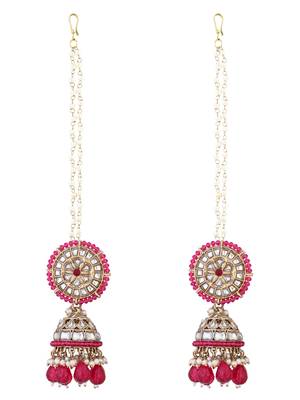 traditional kundan pearl jhumka earrings with attachable ear chain for women  3