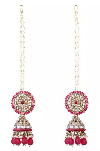 traditional kundan pearl jhumka earrings with attachable ear chain for women 