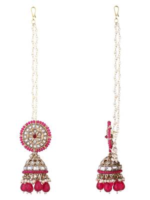 traditional kundan pearl jhumka earrings with attachable ear chain for women  4