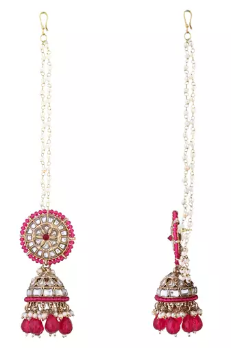 traditional kundan pearl jhumka earrings with attachable ear chain for women 