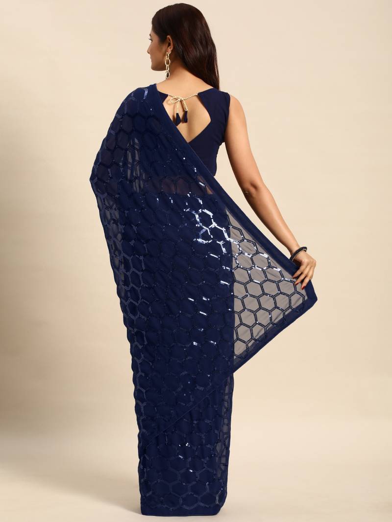 Honeycomb Sequins Work Georgette Fabric Bollywood Style Saree