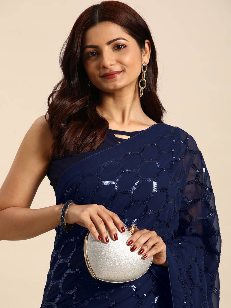 Honeycomb Sequins Work Georgette Fabric Bollywood Style Saree