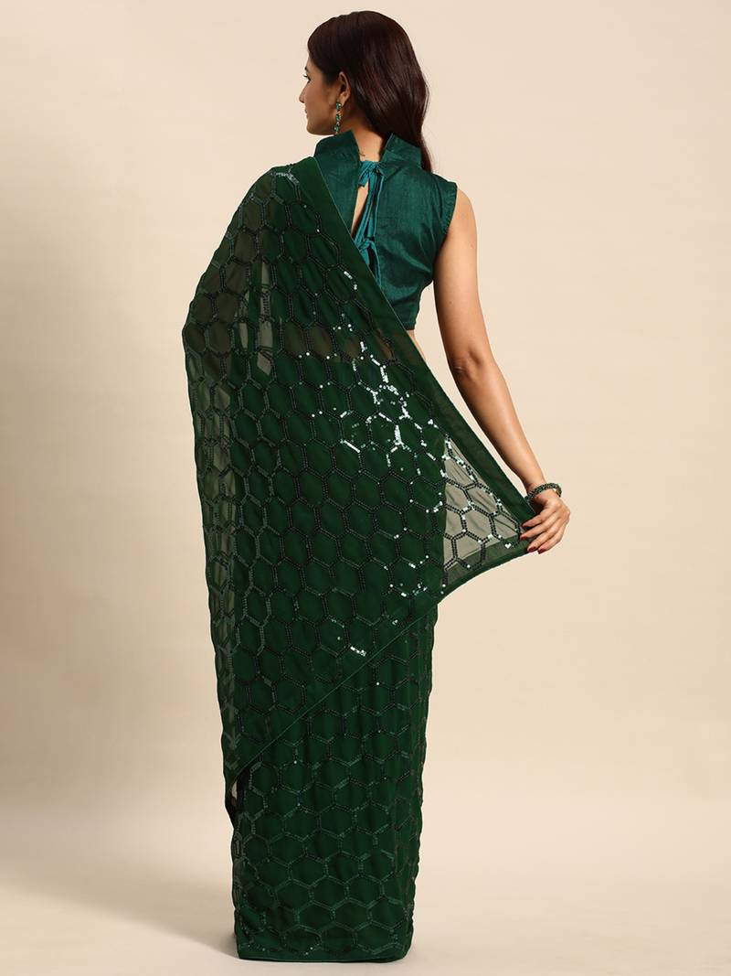 Honeycomb Sequins Work Georgette Fabric Bollywood Style Saree