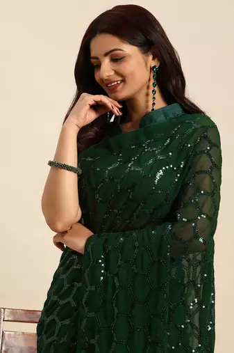 Honeycomb Sequins Work Georgette Bollywood Style Saree