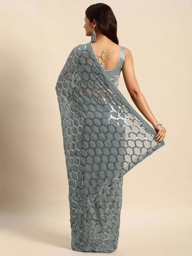 Honeycomb Sequins Work Georgette Fabric Bollywood Style Saree