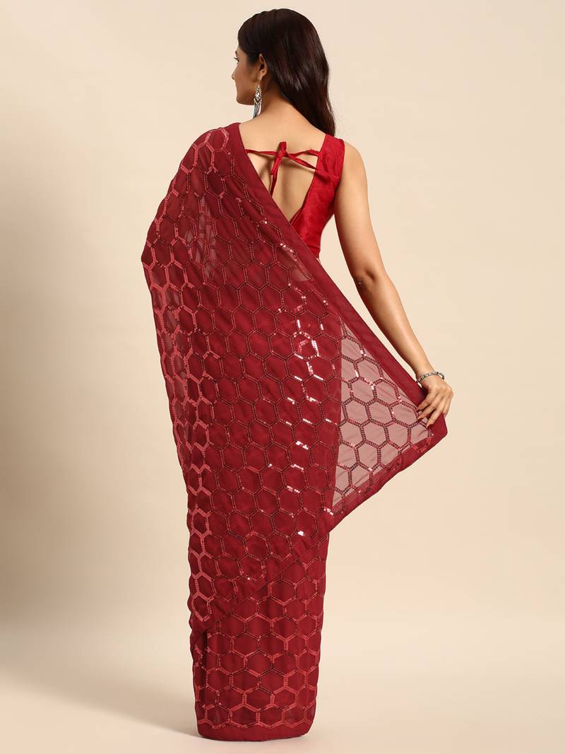 Honeycomb Sequins Work Georgette Fabric Bollywood Style Saree