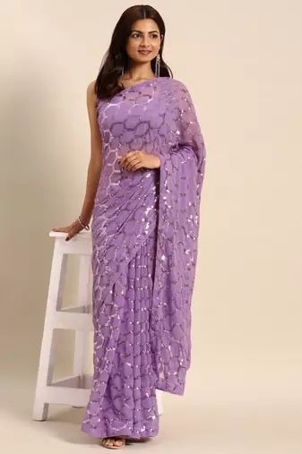 Honeycomb Sequins Work Georgette Fabric Bollywood Style Saree